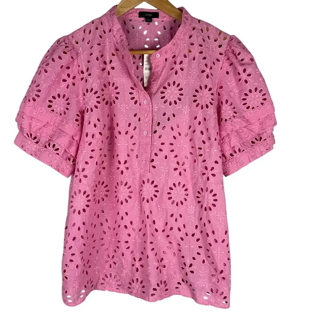 J. Crew Puff-Sleeve Popover Top in Pink Eyelet Size Large